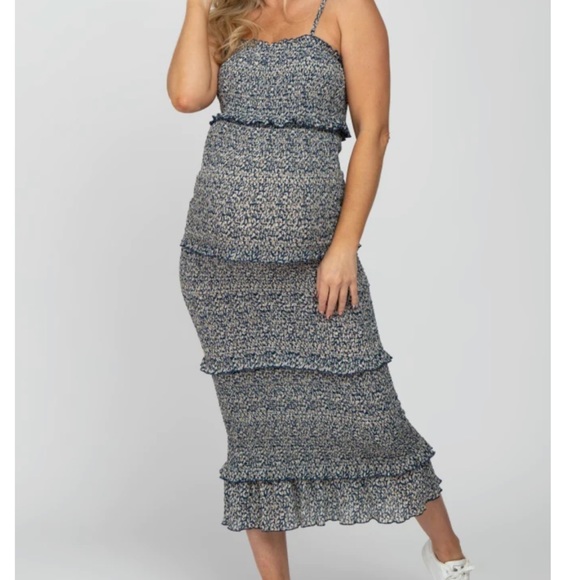 Pinkblush Dresses & Skirts - Navy Leaf Print Smocked Fitted Maternity dress